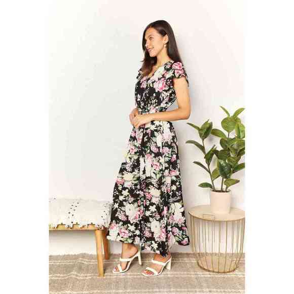 Double Take Floral Flutter Sleeve Tie-Waist Split Dress - Picture 4 of 6